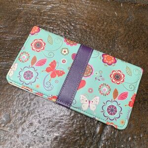 Chester Checkbook Cover Turquoise Boho Flowers Butterflies Pink Orange White Red